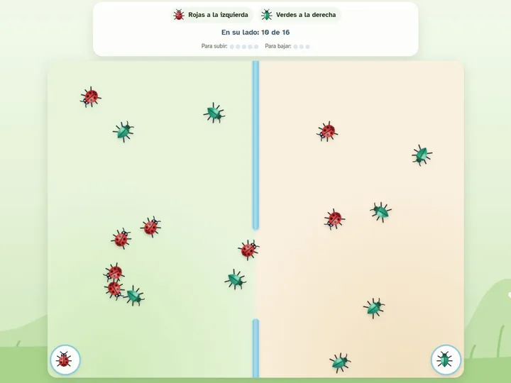 Mariquitas rojas y bichos verdes a cada lado de una pared con un hueco. Arriba: «Rojas a la izquierda, verdes a la derecha».